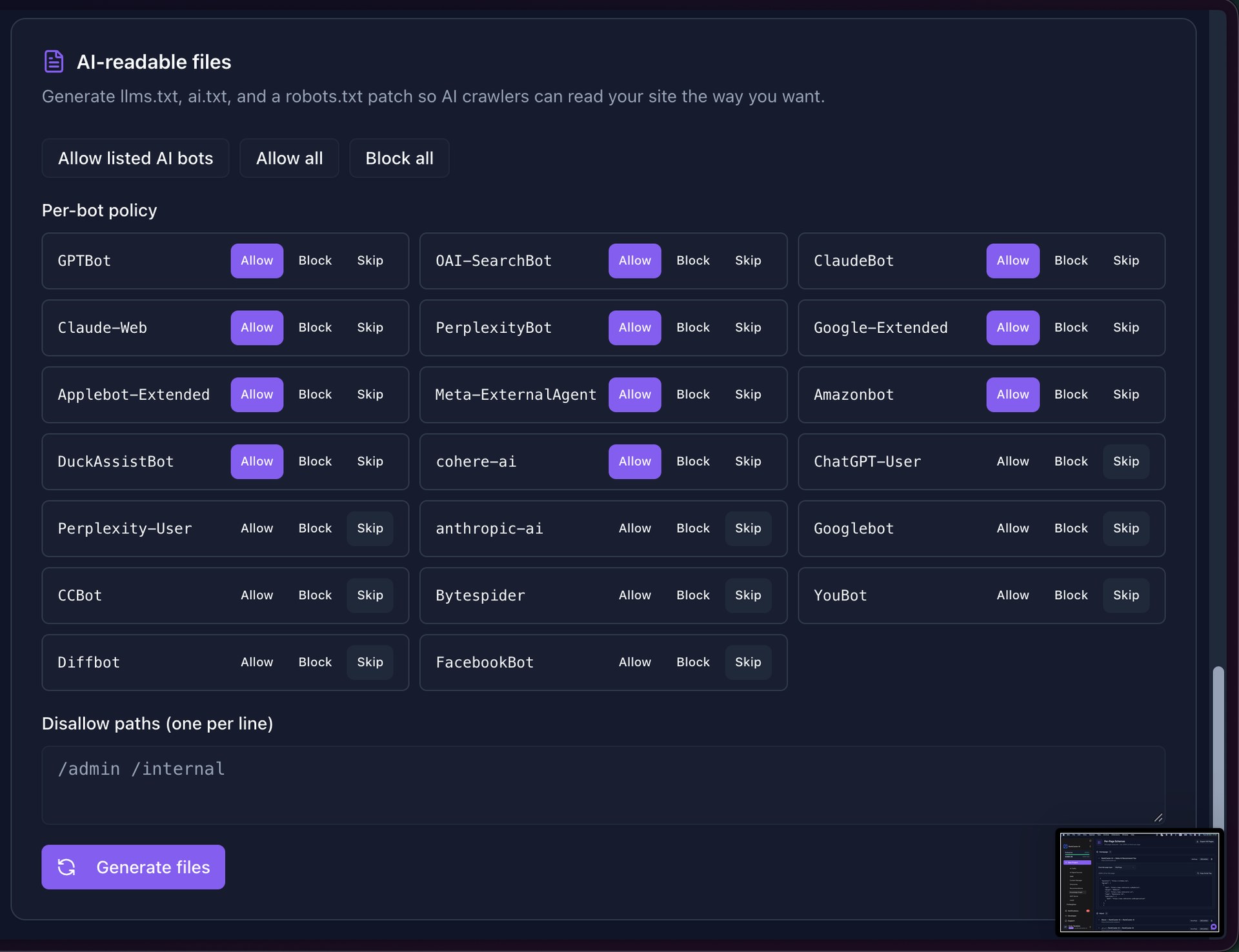 AI-readable files in RankCaster: Allow / Block / Skip policy across 20+ AI crawlers and a Generate files button